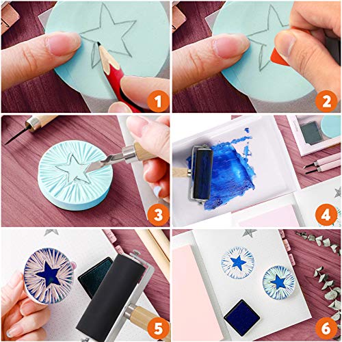 Rustark 24 Pieces Block Printing Starter Tool Kit with Whetstone, Stamp Block, Carving Tools, Tracing Papers,Pencil, Gloves,Eraser and Scrapper, Rustark