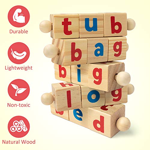 Coogam Wooden Reading Blocks Short Vowel Rods Spelling Games, Flash Cards Turning Rotating Letter Puzzle for Kids, Site Words Montessori Spinning Coogam