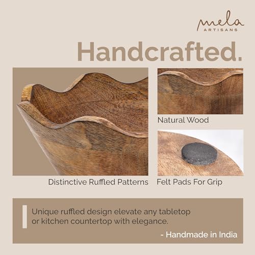 Mela Artisans Wooden Scalloped Bowl - Large | Ruffle Decorative Style | Rustic Kitchen Decor | Mango Wood | Natural Grain Finish | Fits Bread, Mela Artisans