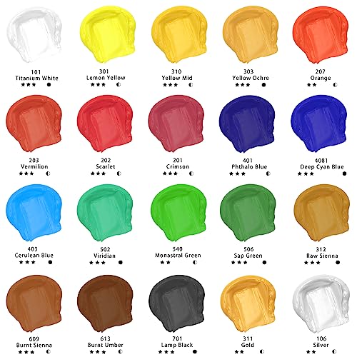 Artecho Professional Acrylic Paint Set, 20 Primary Colors (120ml / 4.05oz) Tubes, Art Craft Paints for Canvas, Rock, Stone, Wood, Fabric, Art Artecho
