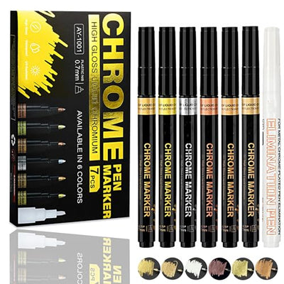 PeaMirmy 6 Colors Liquid Chrome Paint Pen Markers,Metallic Art Paint Marker Pen for Any Surfac for Plastic Glass Rock Ceramic With Marker Clear pen
