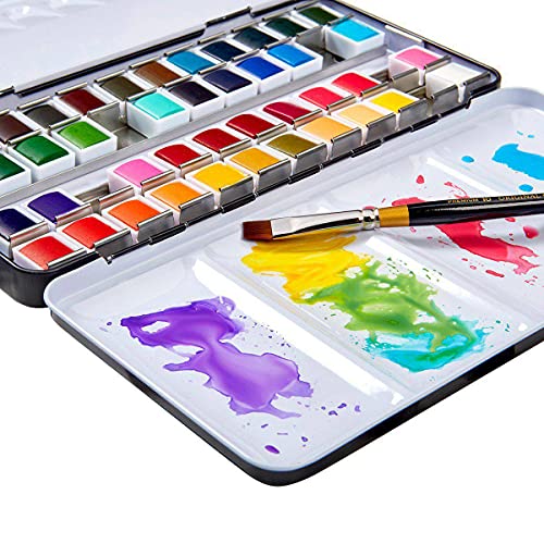 KINGART PRO Artist, Tin Box with Water Brush Watercolor Half-Pans, 48 Vibrant Colors Piece,518-48 KINGART