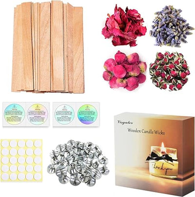 Visgaler 50 Set Natural Wood Wicks for Candle Making, 5.1 X 0.5 X 0.04 Inch Double-Thickness Wood Wick, Smokeless Crackling Wooden Wicks with Iron