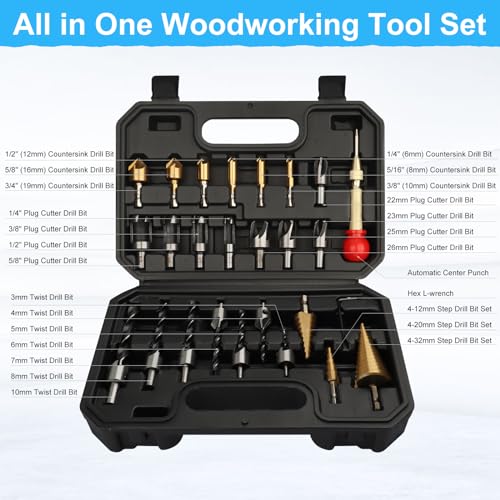 Rocaris 26 Pack Woodworking Chamfer Drilling Tools, Including Countersink Drill Bits, Wood Plug Cutter, Step Drill Bit, Center Punch, L-Wrench Rocaris