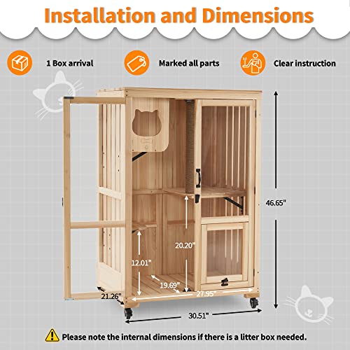 MCombo Luxury Cat House with Scratching Post, Wooden Large Cat Villa with Wheels, Multi-Feature Cat Condo with Escape Door, Cat Cages Enclosures with mcombo