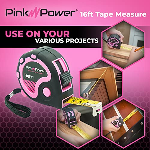 Pink Power 16ft Pink Measuring Tape Measure for Womens Tool Kit with Retractable Blade and Lock Button - Girls Tape Measure for Pink Tools - Pink Power