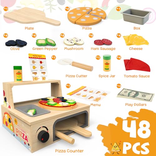 WOODMAM Wooden Pizza Toy - 48 PCS Montessori Pretend Play Food for Ages 3+, Educational Learning Toy Wooden Playset with Bake Oven, Christmas WOODMAM
