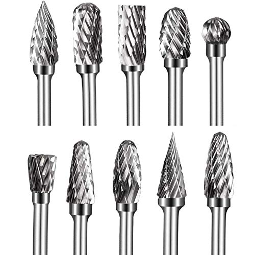 Double Cut Tungsten Carbide Carving Bits for Rotary Tool, 10 Pcs Rotary Burr Set with 1/8 inch Shank and 1/4 inch Grinding Head for DIY, Woodworking, shengbenhao