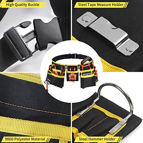 LOTKEY Tool Belt, 13 Pockets Tool Belts for Men Including Steel Hammer Loops Measuring Tape Holder Tool Pouch Adjustable Up to 41" for Woodworker, LOTKEY