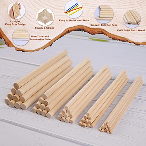 Moukiween Wooden Dowel Assorted Sizes Wooden Dowel Rods for Crafting 1/8, 3/16, 1/4, 5/16, 3/8 x 6 Inch Wood Dowels,Unfinished Natural Wooden Sticks Moukiween