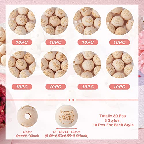 Craftdady 80pcs 15-16mm Round Wood Beads Unfinished Wood European Spacer Beads Large Hole Wooden Beads with Animal Cat Pattern for DIY Macrame Craftdady