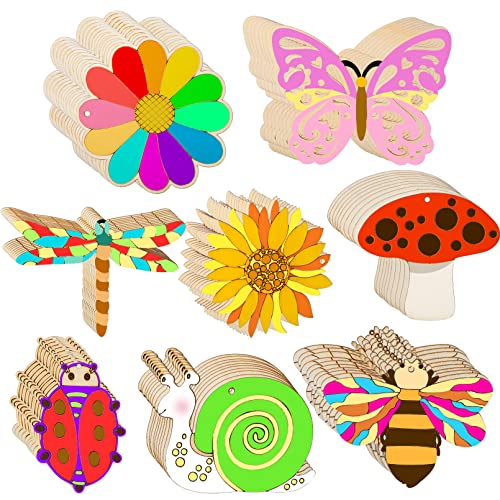 80Pcs Unfinished Wooden Cutouts,8 Styles Wood Butterfly Flower Bee Slices,Blank Wooden Paint Crafts Unfinished Wood Cutouts,DIY Wooden Paint Crafts Vetory