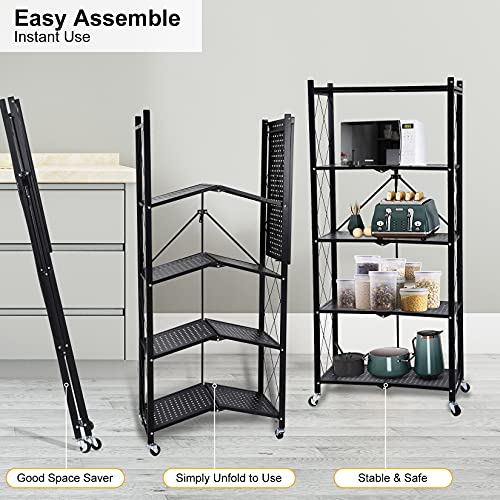 HealSmart 5-Tier Heavy Duty Foldable Metal Rack Storage Shelving Unit with Wheels Moving Easily Organizer Shelves Great for Garage Kitchen, Black HealSmart