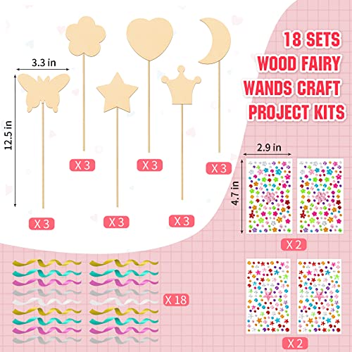 OPUHOHR 18 Sets Wood Fairy Wands Craft Project Kits, Princess Fairy Wands Kit with Gem Stickers, Ribbons Unfinished Wooden DIY Magical Wand, DIY OPUHOHR