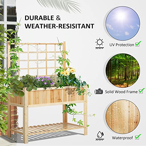 Outsunny 47'' Wooden Raised Garden Bed with Trellis, Coutryside Style Elevated Planter Box Stand with Open Storage Shelf, Spacious Planting Area for Outsunny