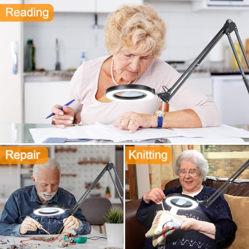 10X Large Magnifying Glass with Light and Stand, KRSTLV 2 x 16 Inch Adjustable Swivel Arm LED Desk Lamp with Clamp, 5 Color Modes Stepless Dimmable, Krstlv