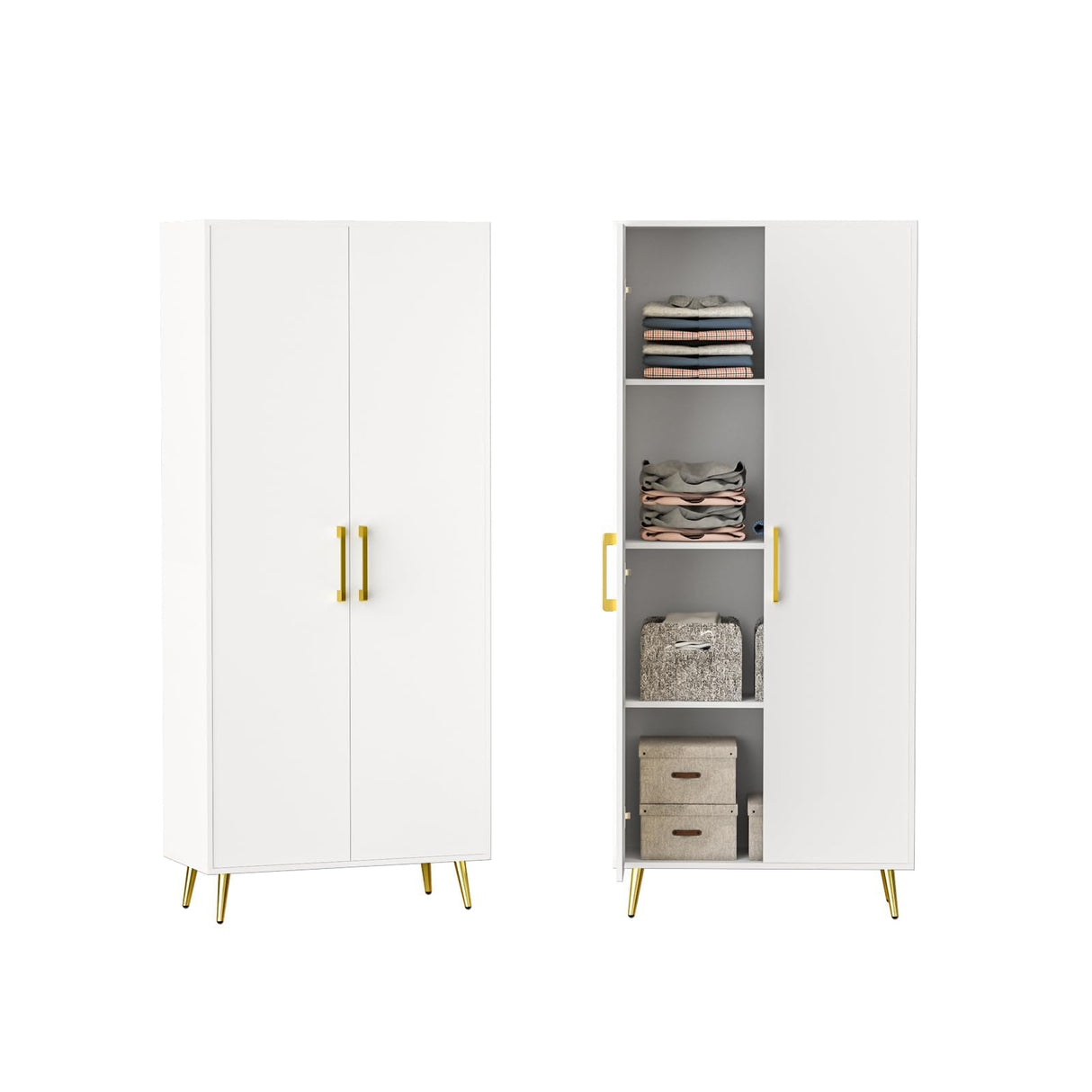 NOVAMAISON White Storage Cabinet 69” Tall - Storage Cabinet w/ 2 Doors and Adjustable Shelves, Freestanding Kitchen Pantry w/Gold Handles and Legs, NOVAMAISON