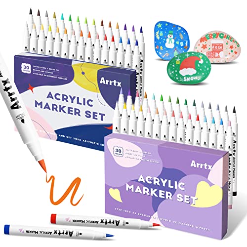 Bundle of Arrtx Acrylic Paint Pens for Rock Painting, 60 PCS Extra Brush Tip, Water Based Paint Markers for Stone, Glass, Easter Egg, Wood and Fabric Arrtx