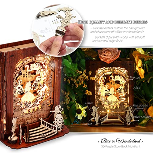 FUNPOLA Alice in Wonderland 3D Puzzle Nightlight – DIY 3D LED Book Lamp – 3D Wood Puzzles Décor Lamp for Kids and Adults FUNPOLA