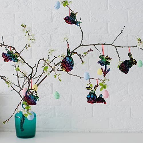 Easter Scratch Art for Kids Bulk, Set of 48 Scratch Art Ornaments, Wooden Stick, & Ribbon, Easter Craft Kit, Unique Teen Easter Basket Stuffers, Cool ArtCreativity