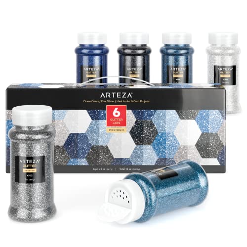 Arteza Fine Glitter Set, 6 x 2-oz Bottles, Ocean-Toned Glitter for Resin, Glue, Acrylic Paint, Arts and Crafts Supplies for Creating DIY Projects and ARTEZA
