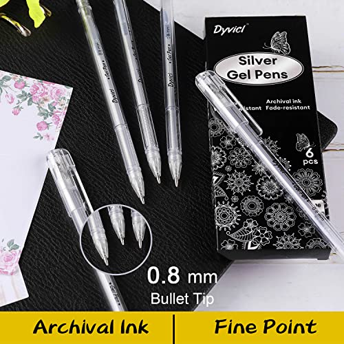 Dyvicl Silver Gel Pens, 0.8 mm Fine Pens Gel Ink Metallic Silver Pens for Black Paper Drawing, Sketching, Illustration, Adult Coloring, Journaling, Dyvicl