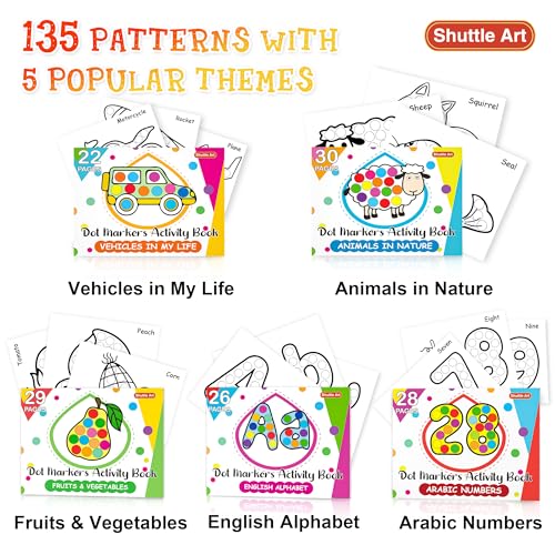 Shuttle Art Dot Markers, 14 Colors Bingo Daubers with 135 Patterns, 5 Activity Books, Educational Set with Art Activities,Non-Toxic Washable Coloring Shuttle Art