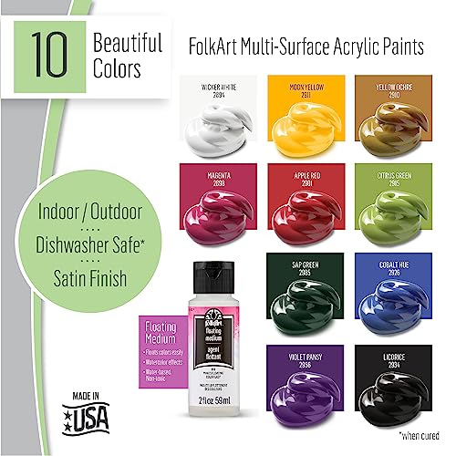 FolkArt Z' Floral One Stroke Kit, Including 10 Multi-Surface Paints, 5 Brushes, 50 Full-Color Teaching Guides, 1 Floating Medium, and a Wood Storage FolkArt