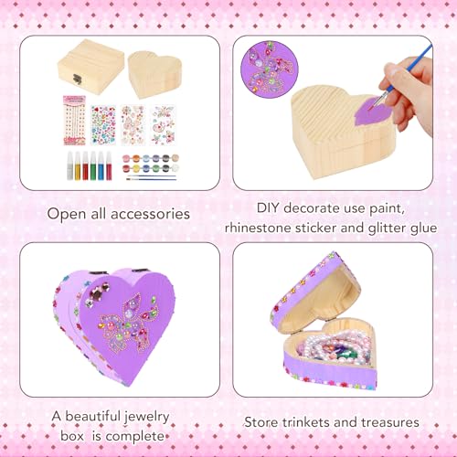 Fennoral 2 Pack Wooden Box Craft Kit for Kids Paint You Own Wooden Jewelry Box DIY Coloring Wooden Treasure Box Arts and Crafts Kit for Girls Art Fennoral