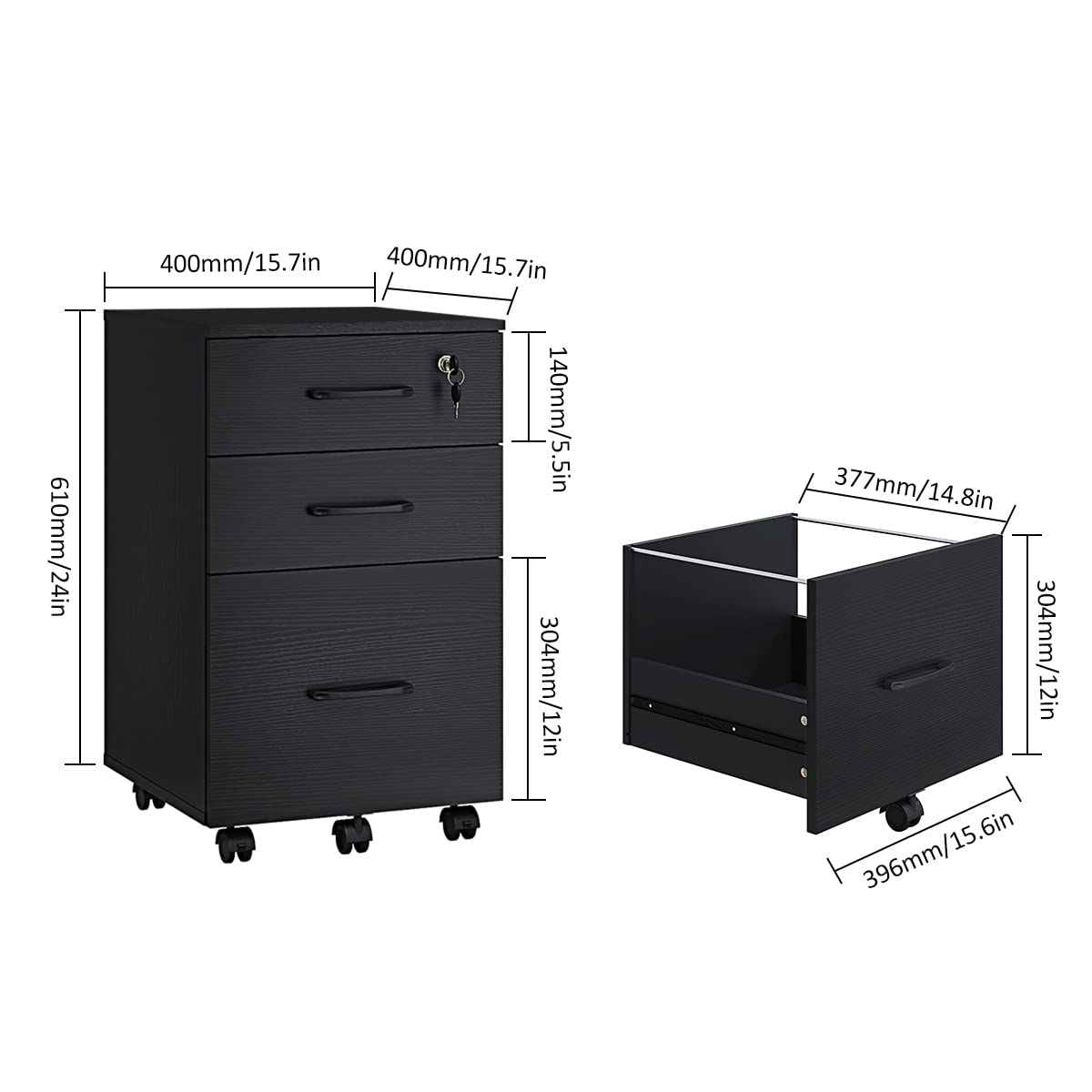 Panana 3 Drawer Wood Mobile File Cabinet, Under Desk Storage Drawers Small File Cabinet for Home Office (Black) Panana