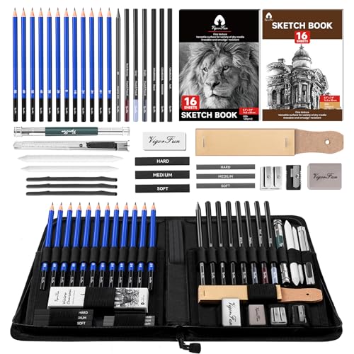 Art Supplies, Sketching & Drawing Pencils Art Kit with 2 Sketch Pads, Professional Artists Drawing Supplies Set Includes Graphite, Charcoals, Kneaded VigorFun