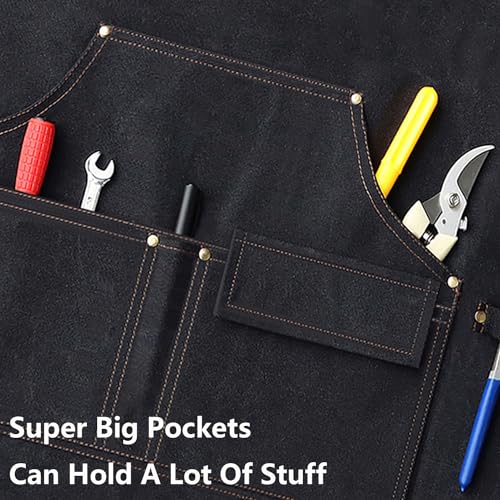 AFUN Work Aprons for Men with Large Pockets, Cotton Canvas Cross Back Heavy Duty Adjustable Tool Apron, Size M to XXL (Black) AFUN