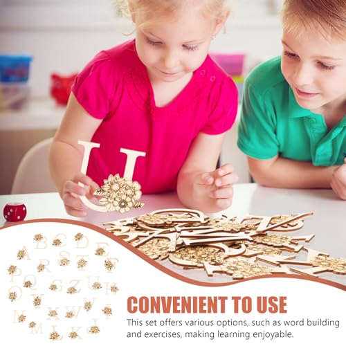 Tofficu Mini Unfinished Wood Alphabet Letters 26pcs Unfinished Mini Blank Wood Letter with Flower for Home Decor, Spelling Education, DIY Homemade Tofficu