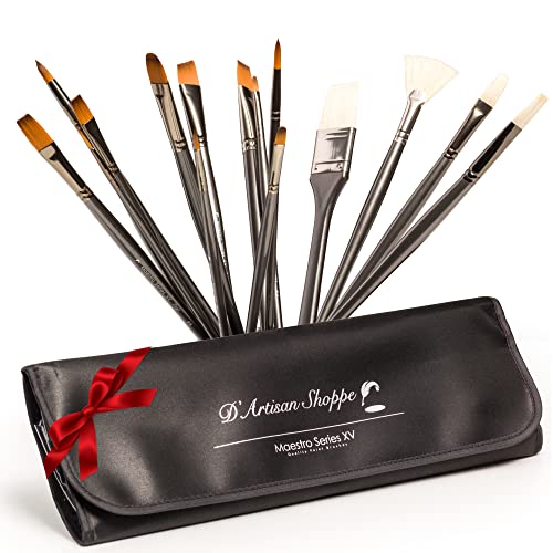 Professional Paint Brushes Art Supplies. Artist Paint Brushes for Oil, Acrylic Painting on Canvas, Watercolor, Gouache. 15pc Travel Bag Brush Holder D'Artisan Shoppe