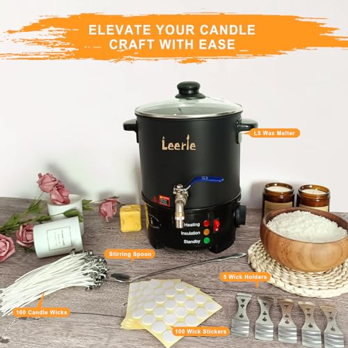 Leerie 5Qts/10Lbs Wax Melter for Candle Making - L5 Candle Wax Melting Pot with Heating Core Brass Spout & Temp Control for DIY Home Business Candle Leerie