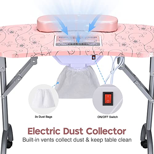 BYOOTIQUE Rolling Manicure Table 4in1 Makeup Train Case Foldable Nail Desk Cosmetology Case on Wheels with Built-in Dust Collector for Technician AW