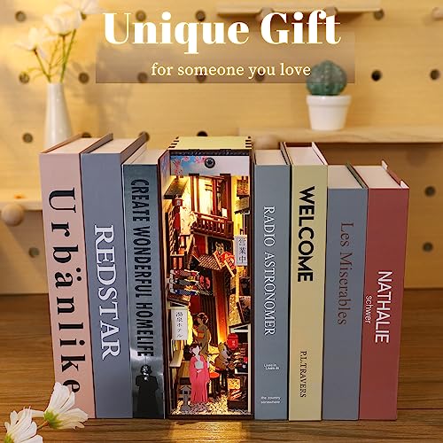 Hallisun DIY Book Nook Kit 3D Wooden Puzzle for Adults, Bookshelf Insert Decor Sakura Town with LED Light Music Box, Bookend Building Set Miniature Hallisun