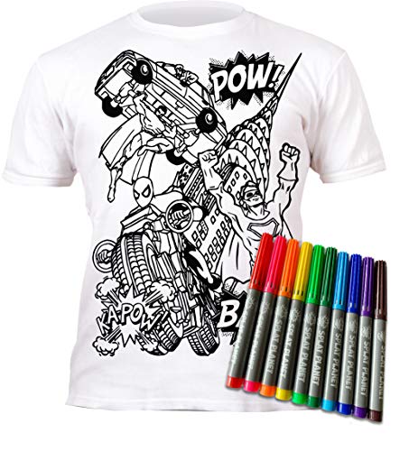 Splat Planet Color in Superhero T-Shirt with 10 Non-Toxic Washable Magic Markers - Color in and Wash Out T-Shirt (9-11 Years) White Splat Planet