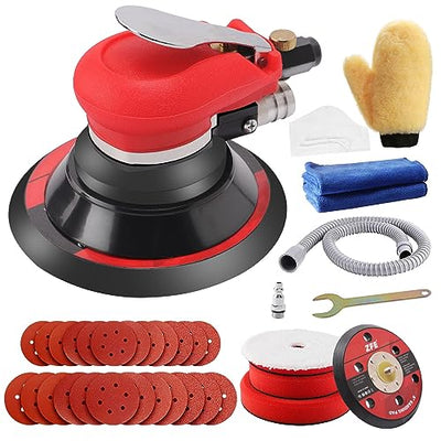 ZFE Random Orbital Sander 5" & 6" Pneumatic Palm Sander with Extra 5" Backing Plate, Sponge Polishing Pads, Sandpapers Low Vibration and Heavy Duty