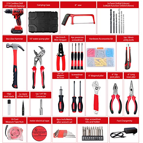 jar-owl 21V Max Cordless Drill/Driver Kit, Brushless, Tool Set with Drill and 112pcs Household Hand Tool Kit for Daily Home Repair, Red jar-owl