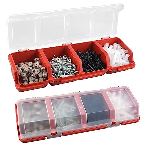 Screw Organizer Storage Bins, 2 Pack Stackable Bins with Lids, Divider Compartment Containers for Garage / Craft Tool Organizing, Tool Cart Cabinet