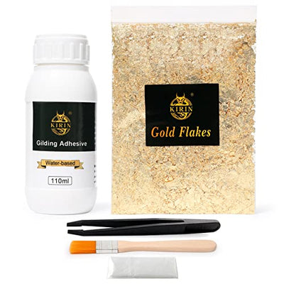 110ml Gilding Adhesive, 5g Gold Flakes Kit with The Gold Metal Leaf Adhesive, Epoxy Resin Water Based Glue for Gold Leafing Canvas,Gold Leaf
