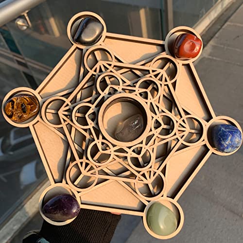 Metatron Crystal Grid Wooden Art 3D Metatron's Healing Energy with 7 Pieces Rough Seven Chakras Crystal Stone Set Sacred Geometry Energy Crystal Grid Tucocoo