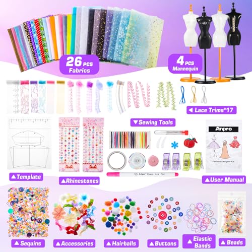 Anpro 700+Pcs Fashion Designer Kit for Girls with 4 Mannequins, DIY Arts & Crafts Kit for Girls Age 6-12 Toys, Doll Clothes Making Sewing Kit - Anpro