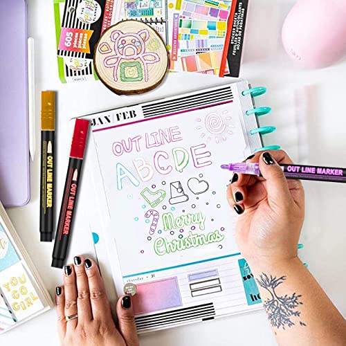 Outline Markers Self-outline Metallic Markers, 24 Colors Double Line Outline Markers, Super Squiggles Shimmer Outline Glitter Pen Set for Kid Hoxida