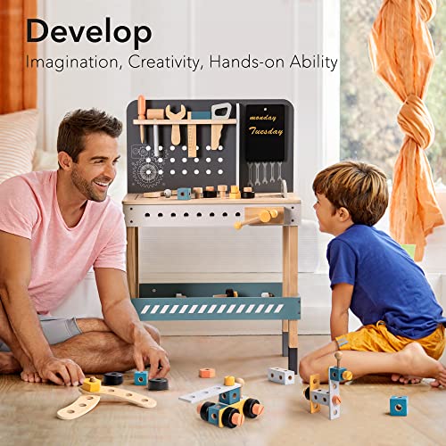 ROBOTIME Wooden Tool Bench for Kids Toy Play Workbench Workshop with Tools Set, Creative Wood Construction Tool Bench Toy for 3 4 5 Year Old Boys ROBOTIME