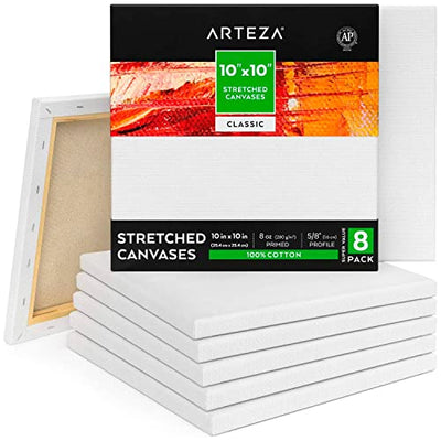 ARTEZA Canvases for Painting, 10 x 10 Inches, Pack of 8, Stretched Canvas, 100% Cotton Primed Blank Paint Canvas, Square Canvas Boards for Acrylic,