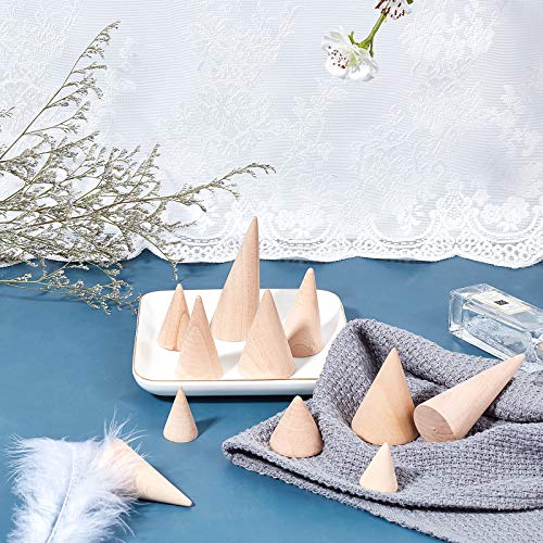 FINGERINSPIRE 10 Pcs Natural Wood Cone Ring Holders Wooden Ring Display Stands with 10 Different Size Unpainted Wooden Cones Jewelry Display DIY FINGERINSPIRE