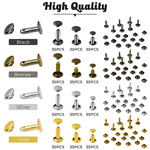 420 Sets Leather Rivets Kit, Double Cap Brass Rivets Leather Studs with 3PCS Setting Tools for Leather Repair and Crafts, 4 Colors and 3 Sizes Jetmore