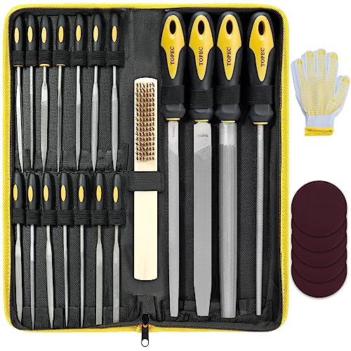 Topec 26Pcs File Set, Round and Flat File Kits are Made of High Carbon-Steel, Ideal Wooden Hand Tool for Woodwork, Metal, Model & Hobby Applications Topec